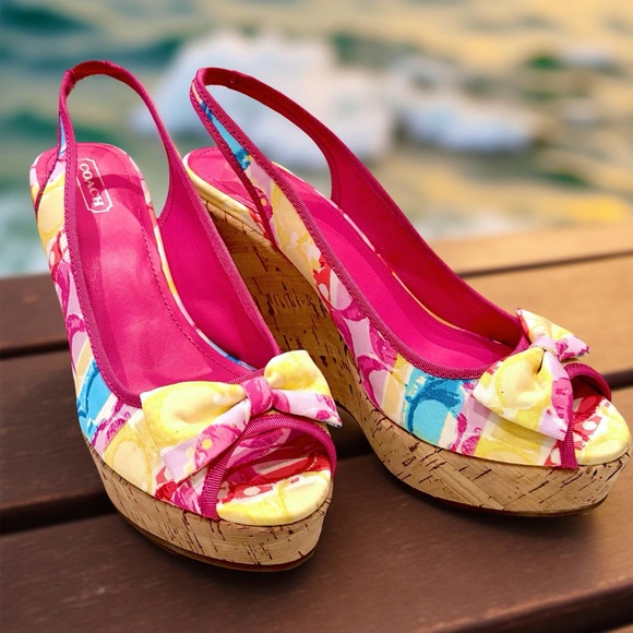 COACH GWYNNIE Wedge Sandals with Bows - Picture 1 of 10